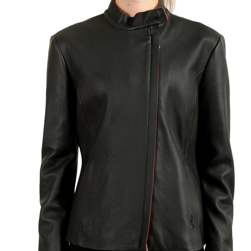 Scuderia Ferrari Women's Black "Roma" Full Zip Leather Bomber Jacket US S IT 40